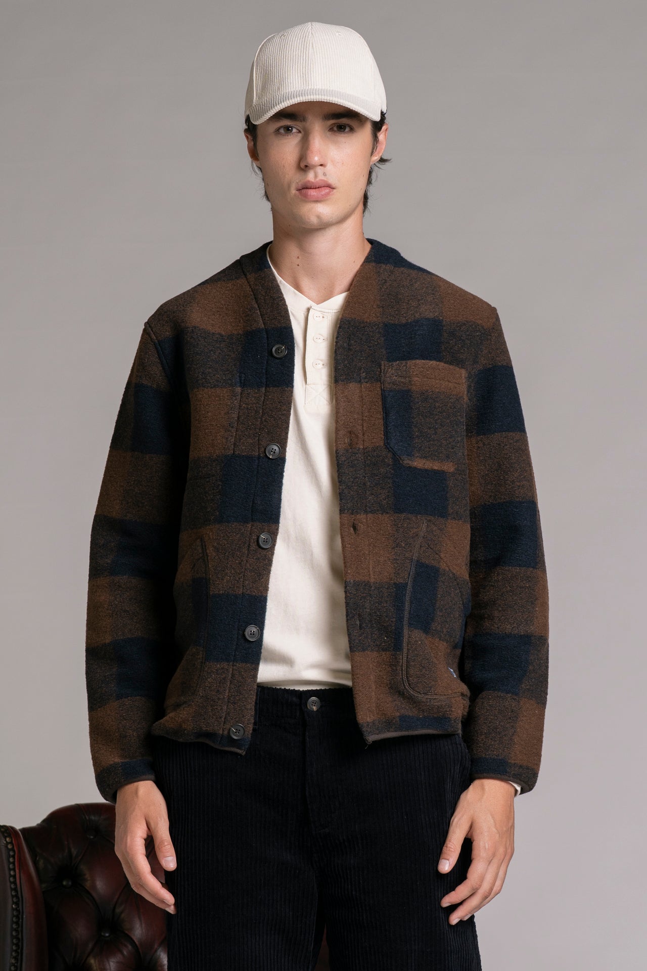DOVER CARDIGAN IN BOILED WOOL CHECK