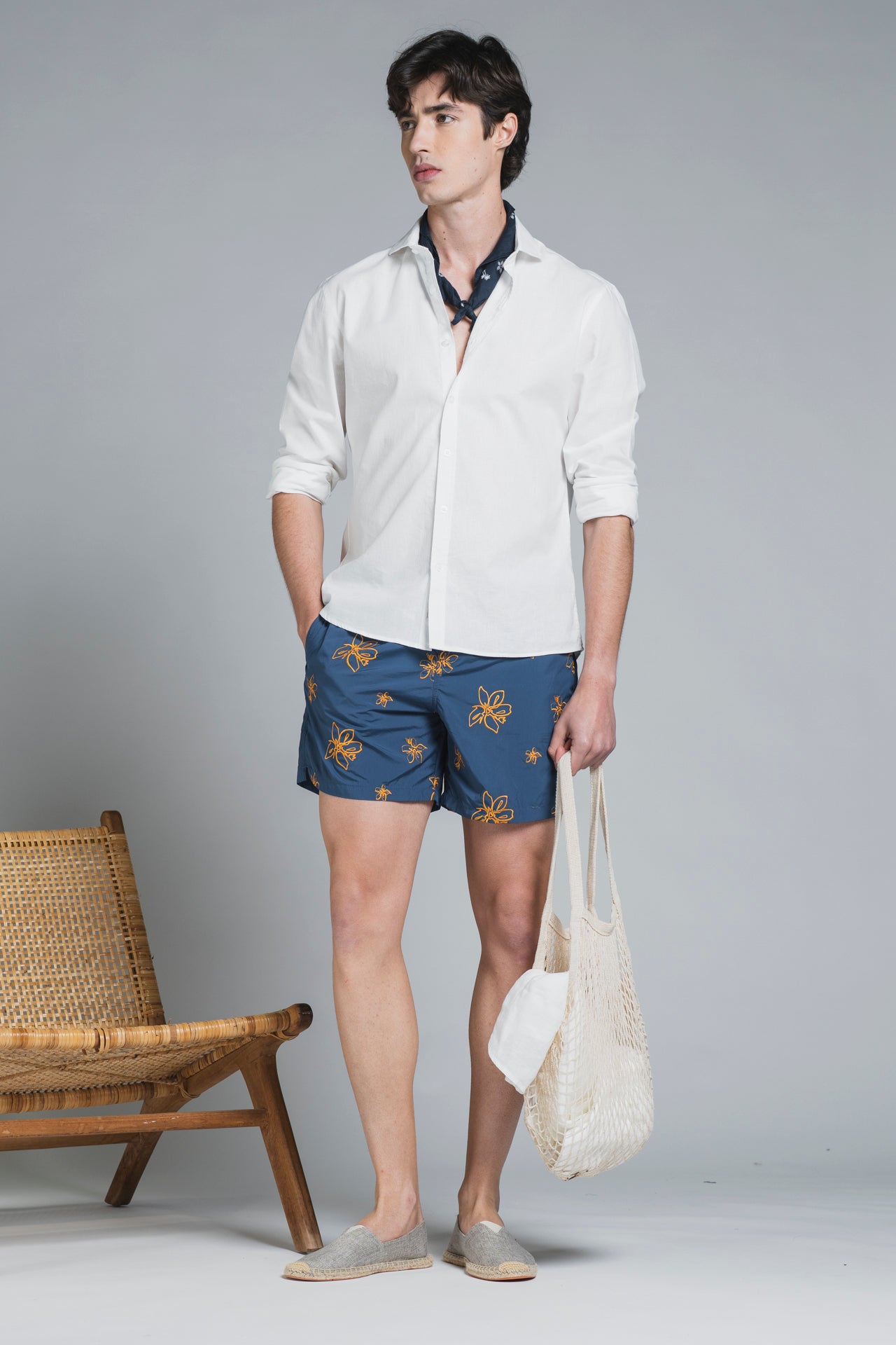 RIO BOTANIC SWIM TRUNK IN PONJI WITH EMBROIDERY