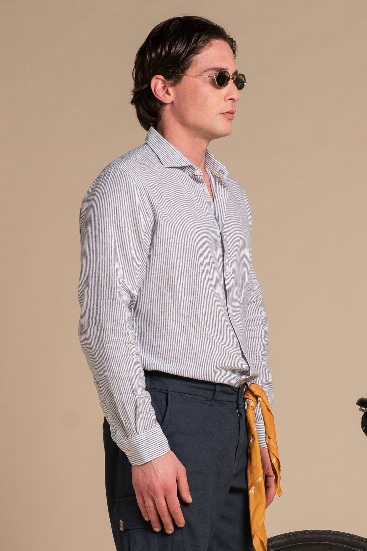 RILEY FRENCH COLLAR IN MIXED LINEN STRIPE