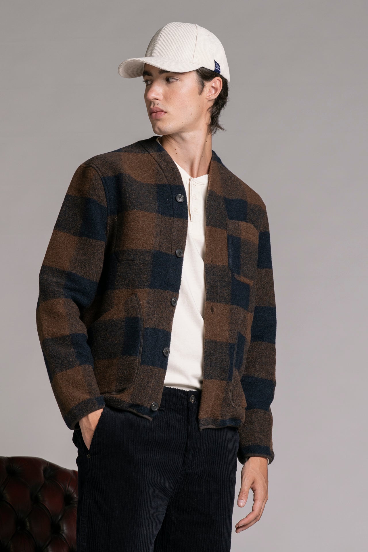 DOVER CARDIGAN IN BOILED WOOL CHECK