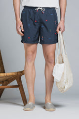 RIO ALOHA SWIM TRUNK IN PONJI WITH EMBROIDERY