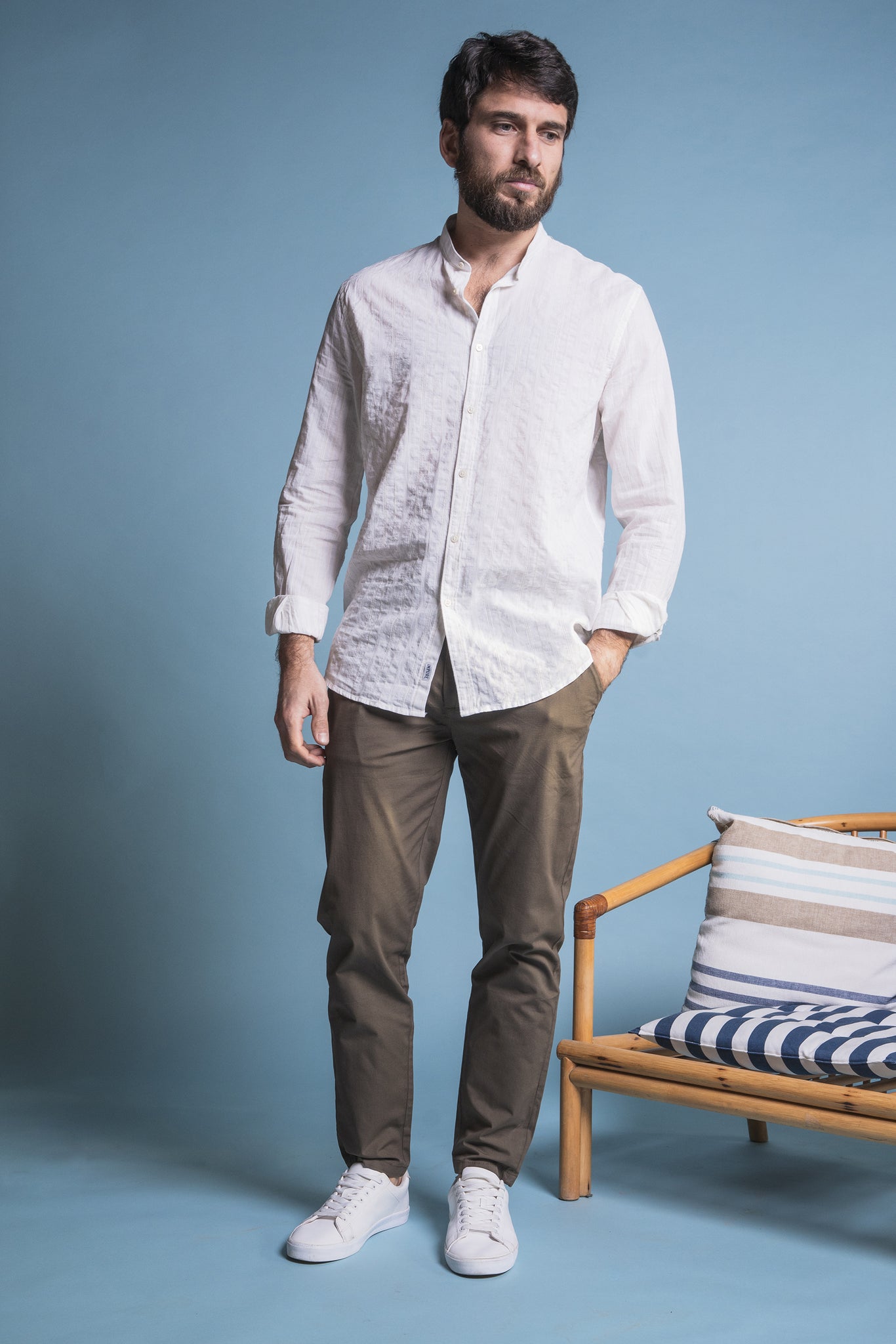 SLIM FIT STRIPED LINEN AND COTTON SHIRT