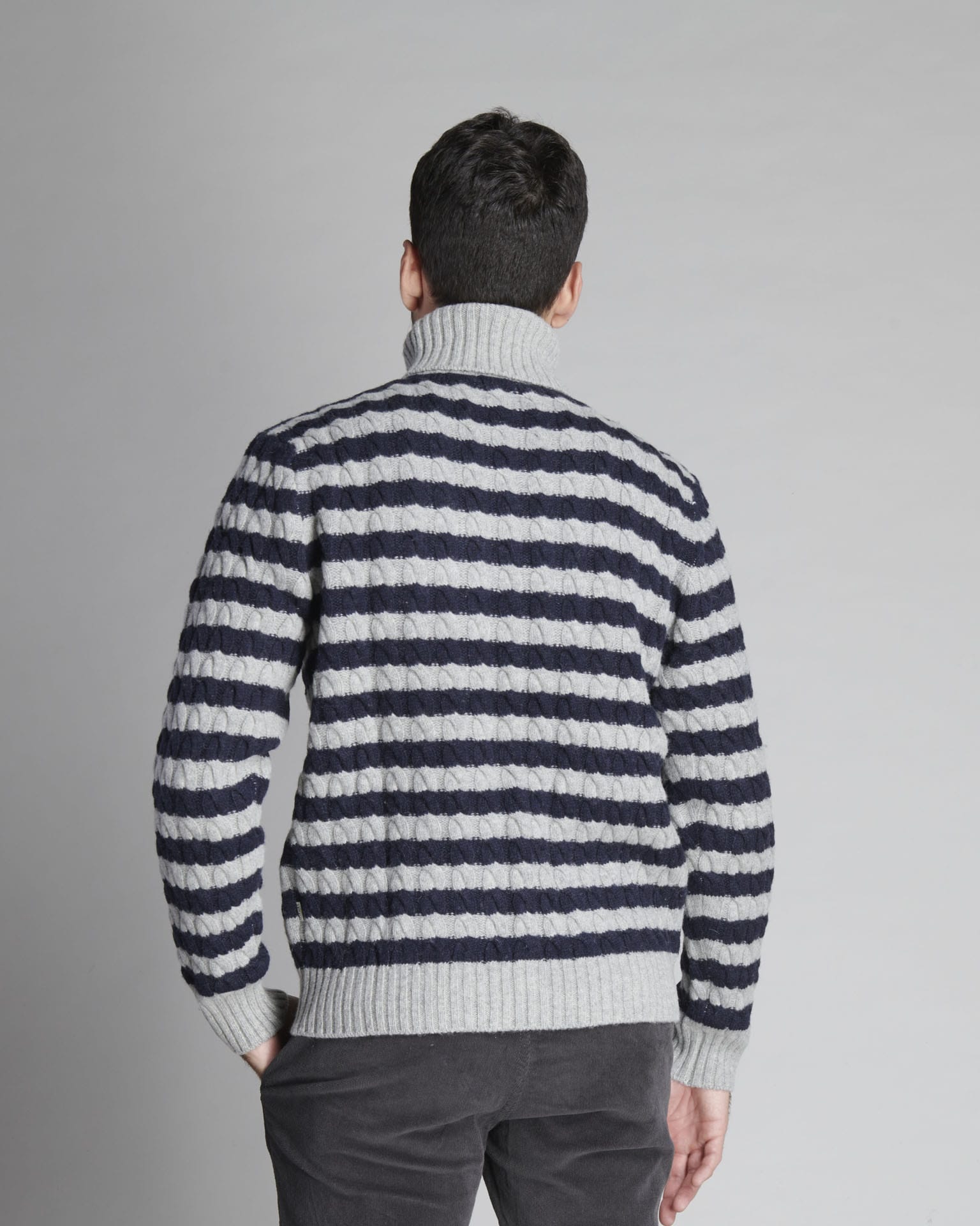 HIGH NECK SWEATER WITH CABLE AND STRIPED STRUCTURE